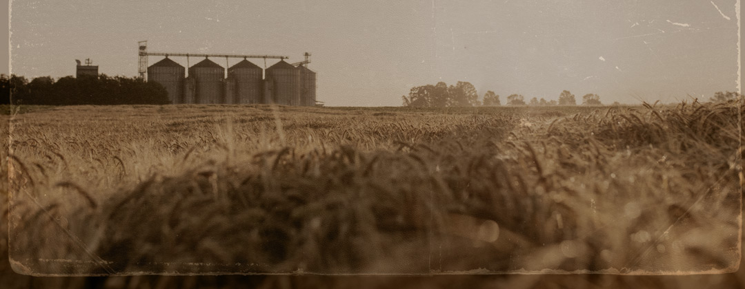 Field with industrial facilities in the background